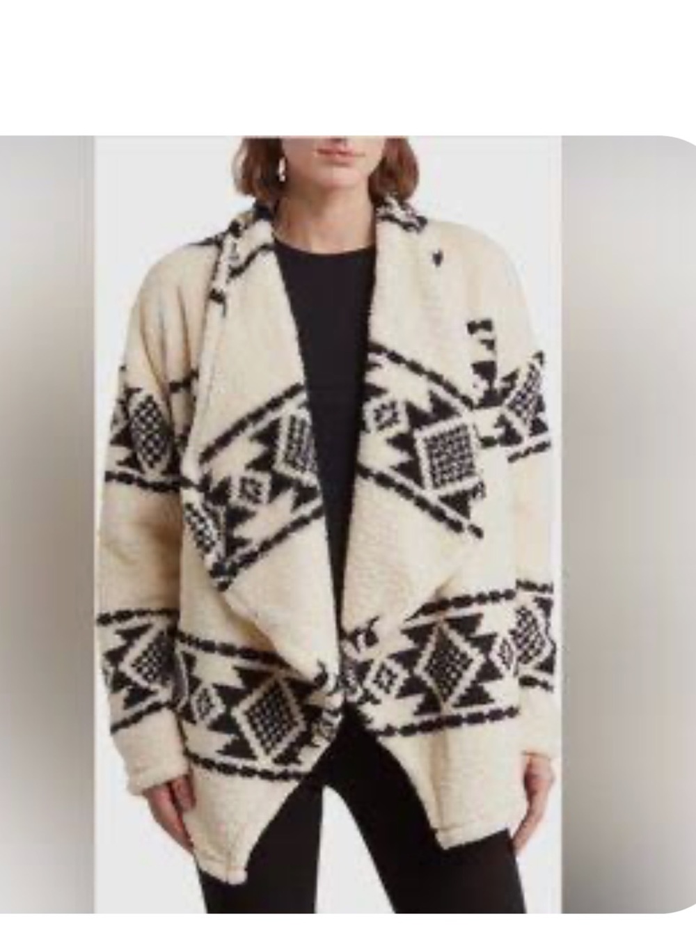 Lucky Brand Cream & Black Aztec Open Front Cardigan faux shearling LG